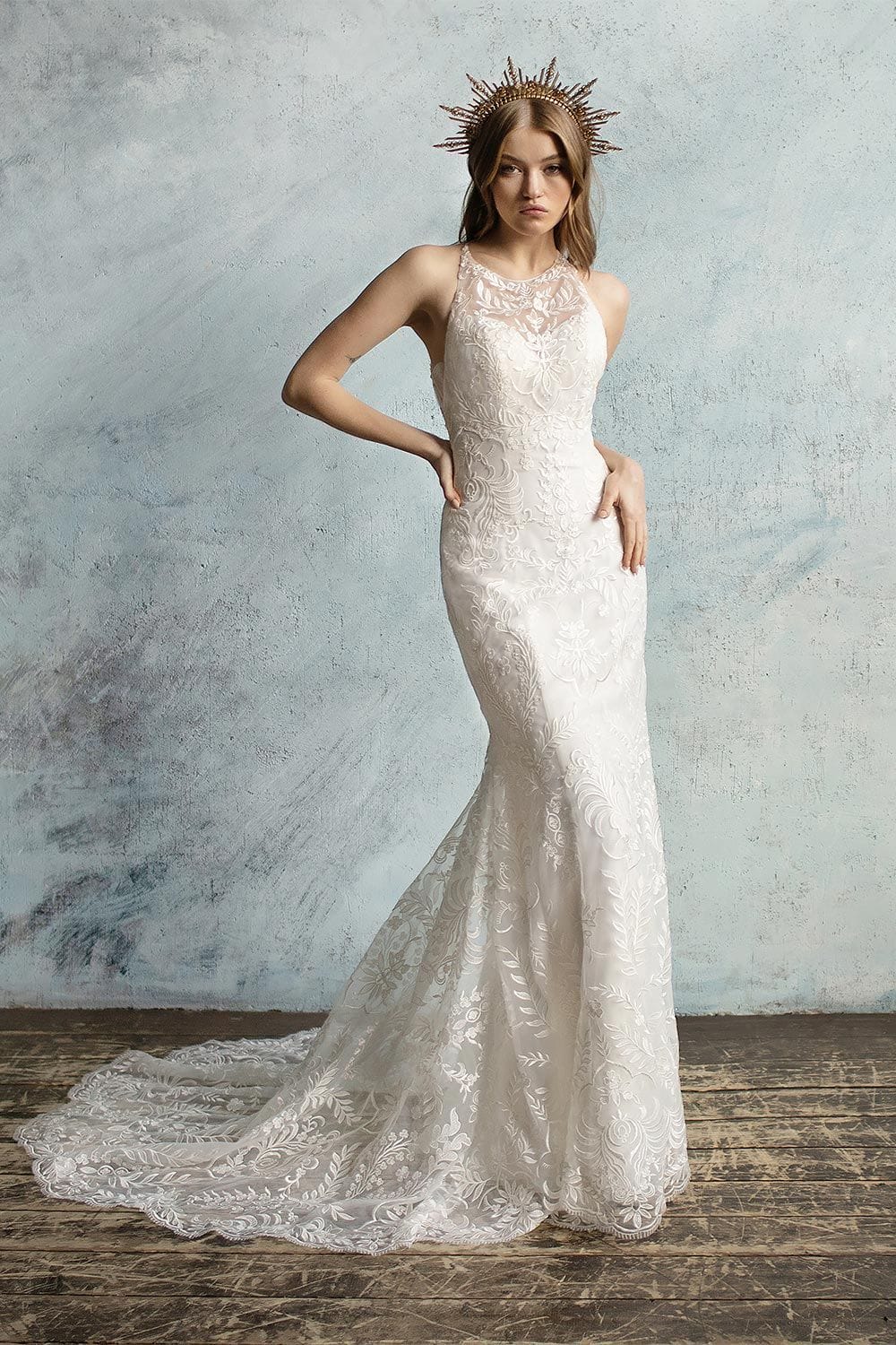 High neck low clearance back lace wedding dress