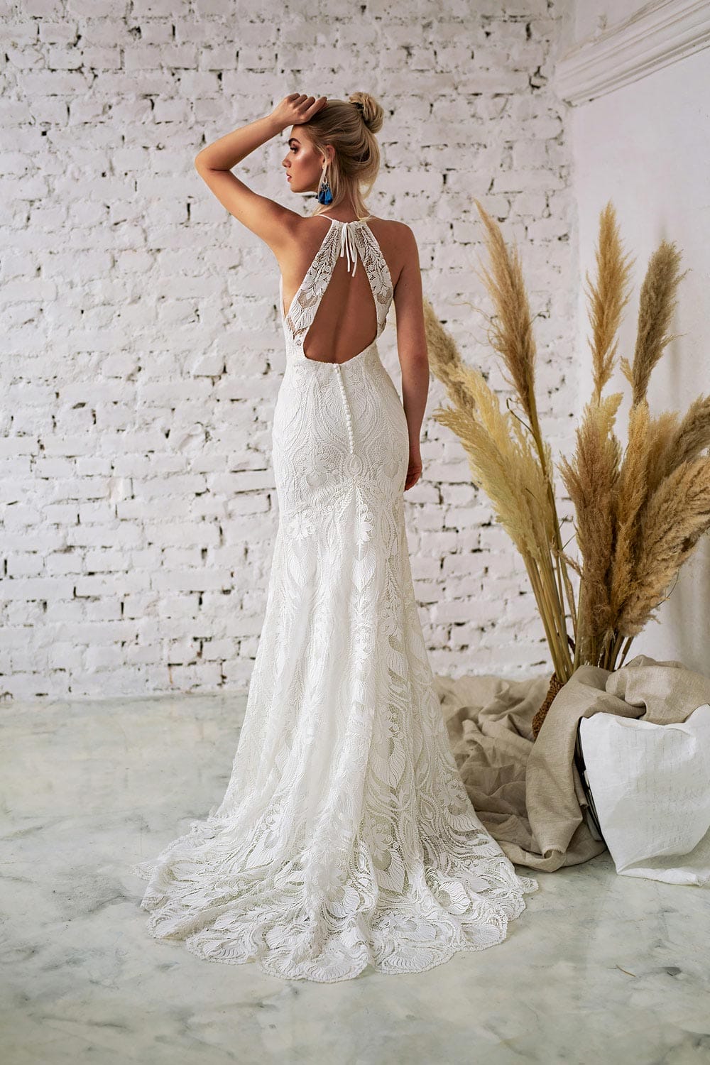 Feather Lace Halter Wedding Dress - Chic Vintage Brides : Chic