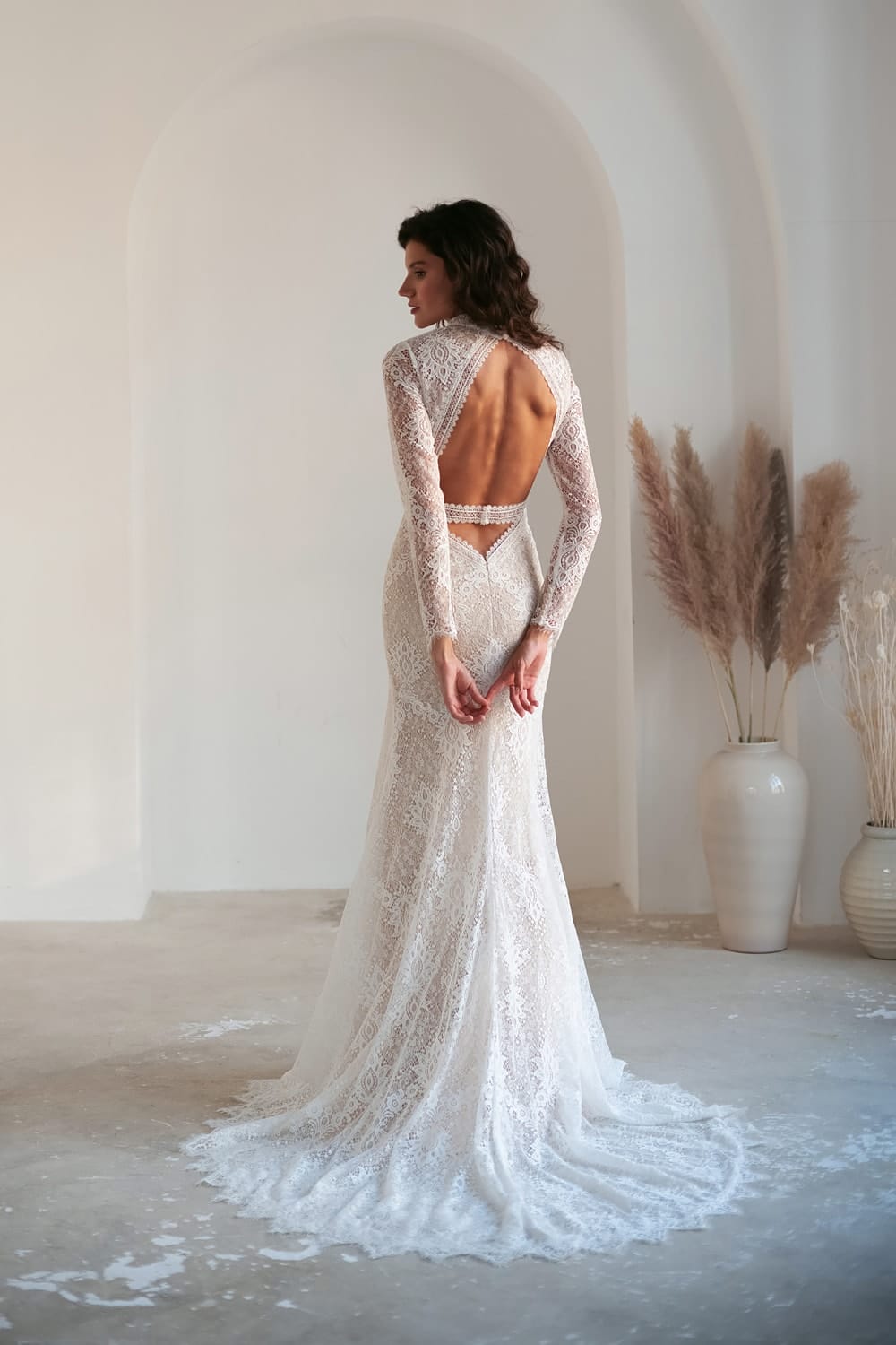 Modest Long Lace Sleeve Blush Tulle Wedding Dress – daisystyledress