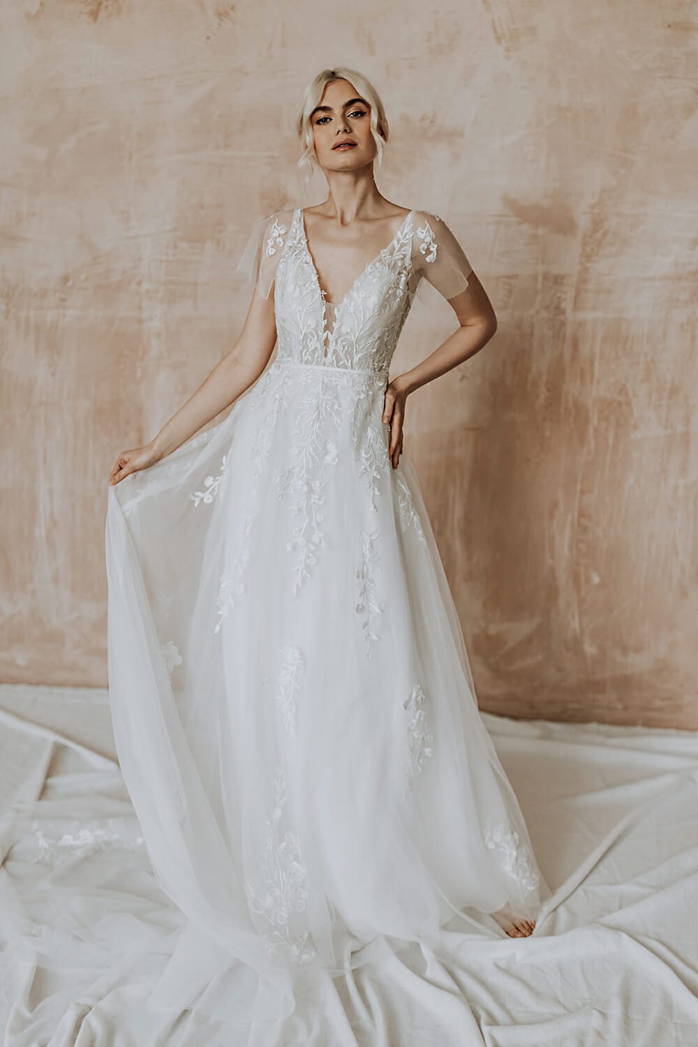 Modern Boho Wedding Dress With Removable Sleeves And Overskirt | Bridal ...